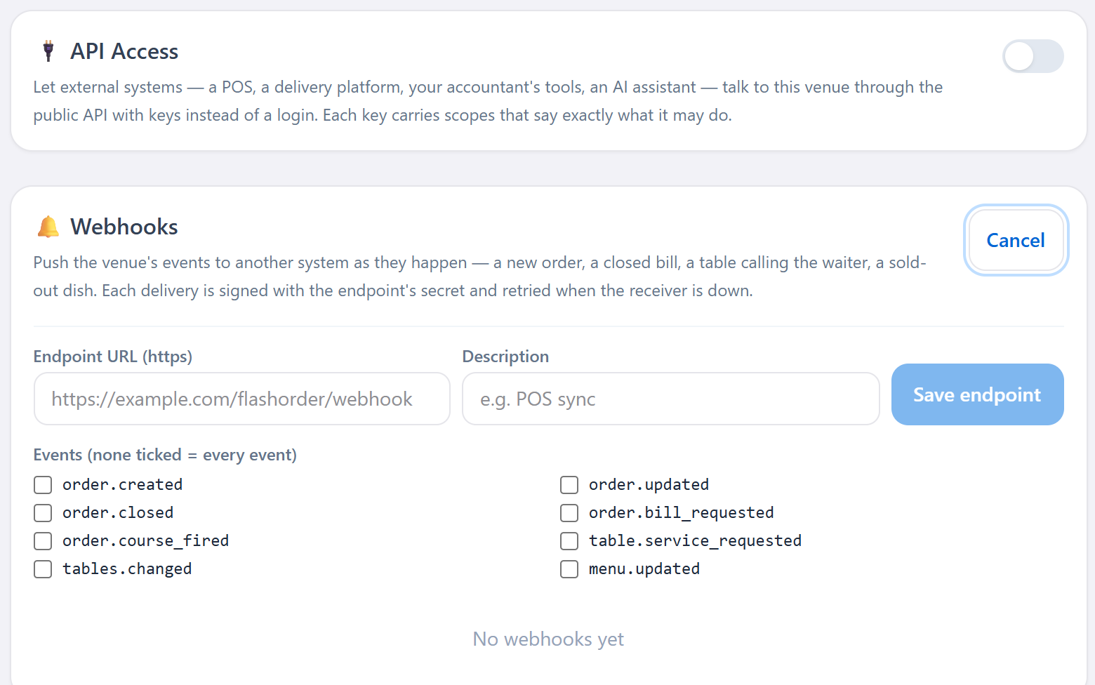 FlashOrder admin Data settings: the API Access card and the Webhooks card with an endpoint form and events such as order.created and order.bill_requested