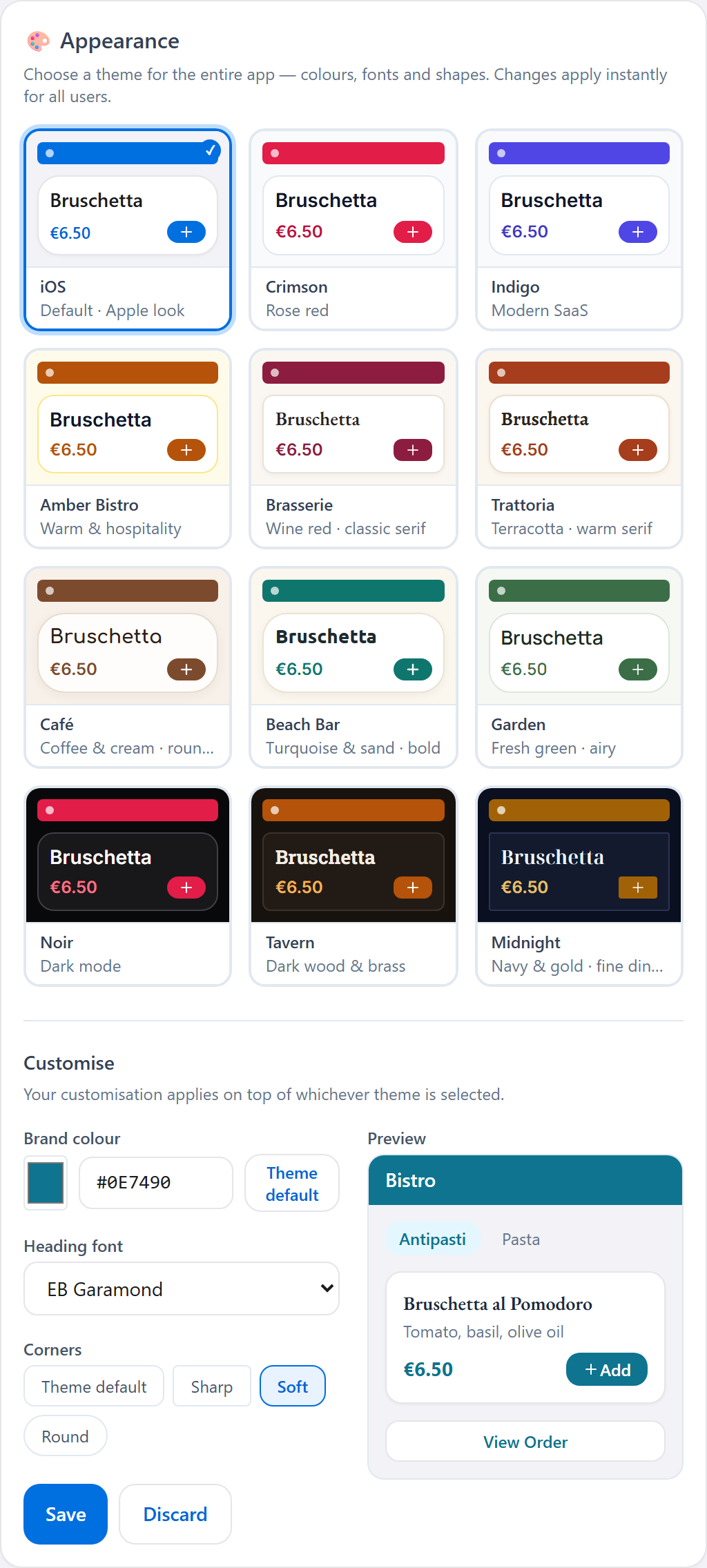 FlashOrder admin settings, Appearance: twelve theme tiles, each a live miniature in its own colours and fonts, and the Customise section with a brand colour, a heading font, corner styles and a live preview of the guest menu