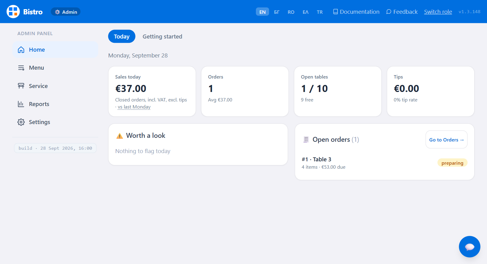 FlashOrder admin Home: today's sales, orders, open tables and tips, the Worth a look alerts and the open orders, next to the Home, Menu, Service, Reports and Settings sidebar