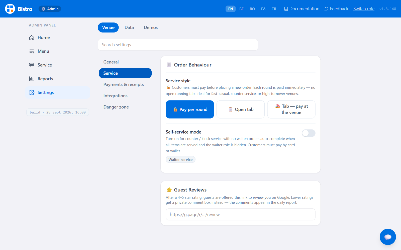 FlashOrder admin settings, Venue → Service: the Order Behaviour card with three service styles — pay per round, open tab and tab paid at the venue — and self-service mode