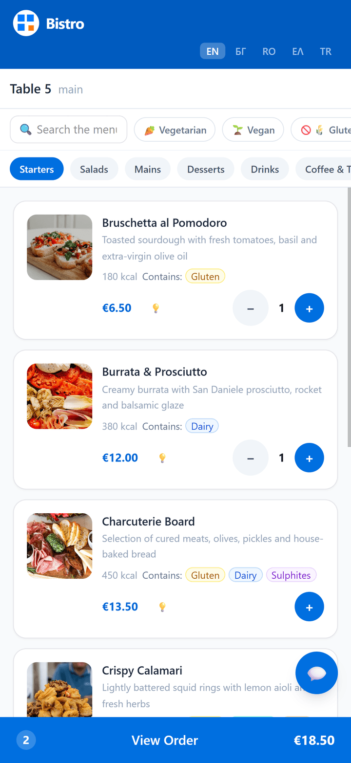 FlashOrder on a guest's phone after scanning the table's QR code: the menu with photos, calories and allergen badges, two dishes added and a View Order bar with the total