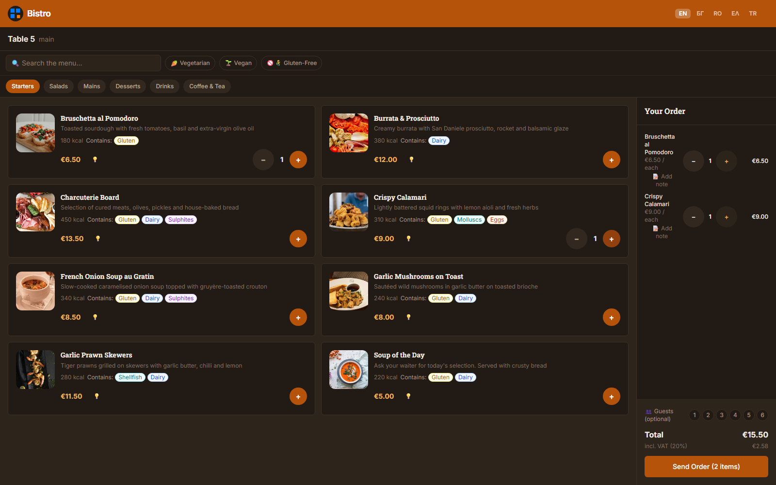 The FlashOrder guest menu in the dark Tavern theme: dish photos, allergen badges and prices on dark wood tones with brass buttons, and two dishes in the order sidebar