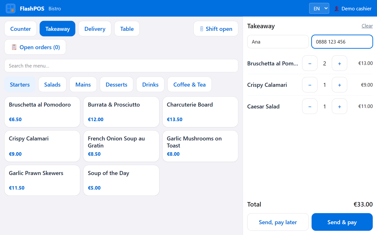 The FlashPOS till: order types Counter, Takeaway, Delivery and Table, the menu as large tiles, and a takeaway ticket for Ana with three dishes, a total of €33.00 and Send & pay