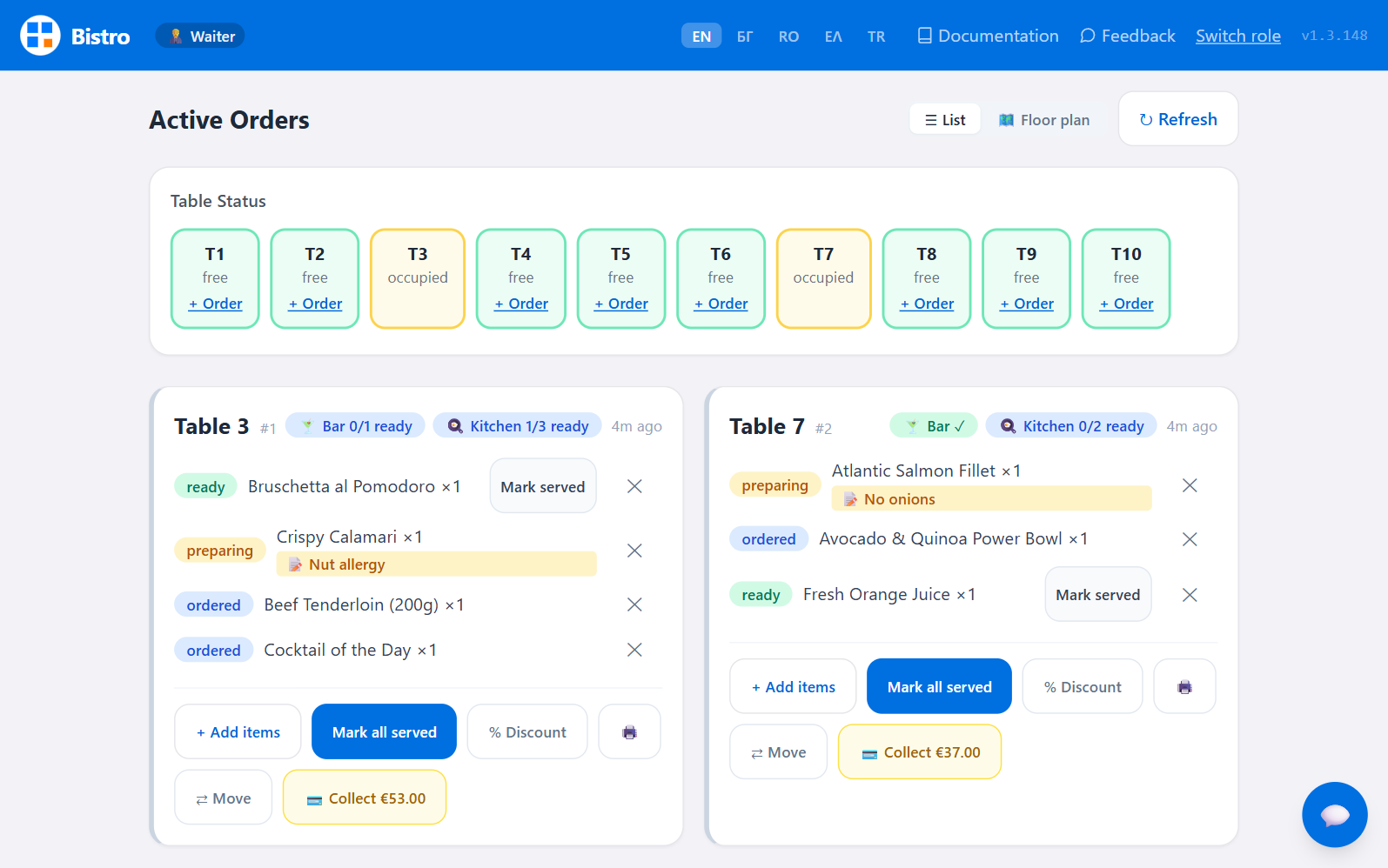 FlashOrder waiter screen: the table strip with + Order on every free table, and two order cards with line statuses, kitchen and bar readiness, a guest's allergy note and Move and Collect buttons